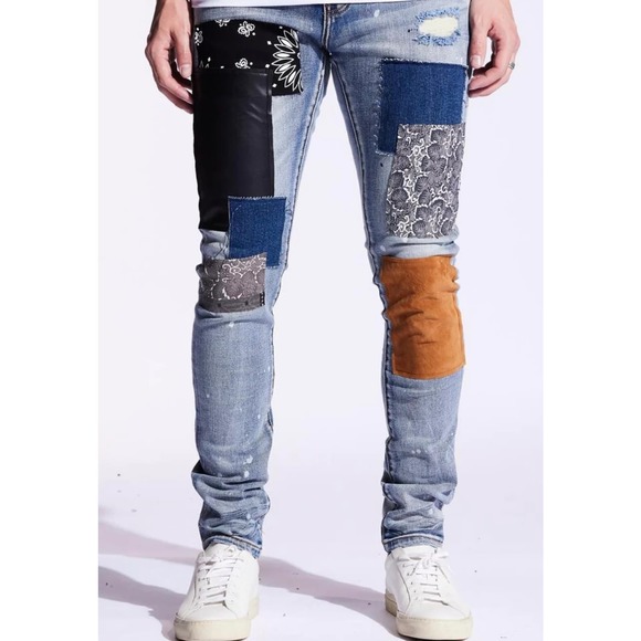 Embellish NYC Men's Rip & Repair Patchwork Distressed Skinny Fit Denim Jeans - Picture 1 of 3